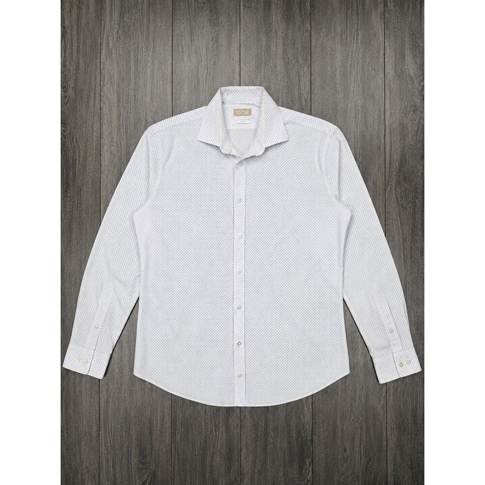 Michael Kors Mens L 16-16.5 34/35 Slim Fit White Purple Geometric Dress Shirt